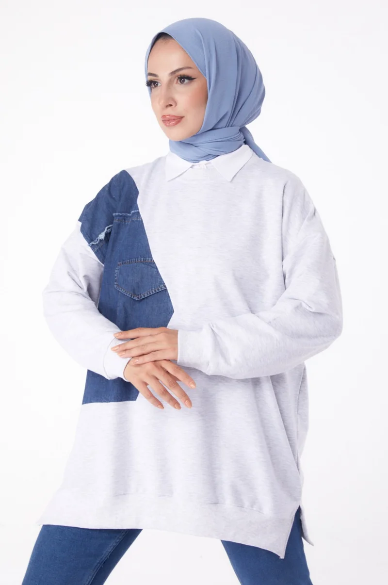 Tofisa Plain Crew Neck Women's Gray Garnished Sweat - 26224