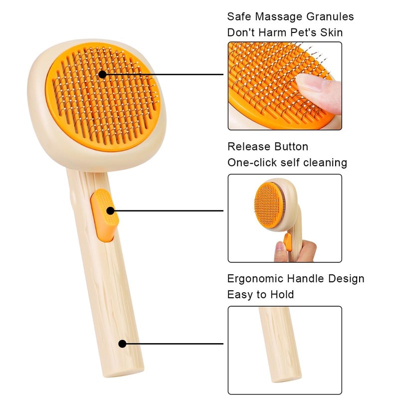Credly Cat Brush with Release Button, flower Shape, Self Cleaning, Dog Comb for Cats Dogs Puppy Rabbits Bunny, Groom and Clean, Massage, Hair Removal, Safe for Pets(Orange) - Image 3