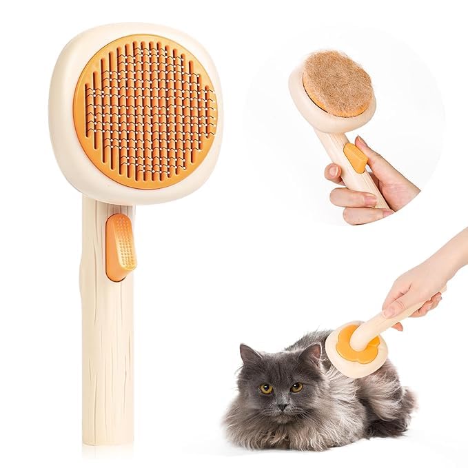 Credly Cat Brush with Release Button, flower Shape, Self Cleaning, Dog Comb for Cats Dogs Puppy Rabbits Bunny, Groom and Clean, Massage, Hair Removal, Safe for Pets(Orange) - Image 2