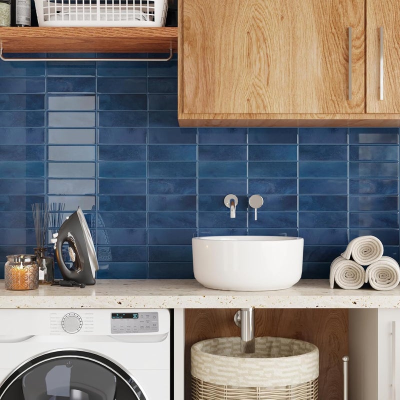 CRE8TIVE 16 Sheets Straight Linear Peel and Stick Tile for Bathroom Kitchen Backsplash Tiles Peel and Stick on Blue Tile Self Adhesive Rectangular Subway Tiles for Laundry Room Shower Walls 12"x12" - Image 3