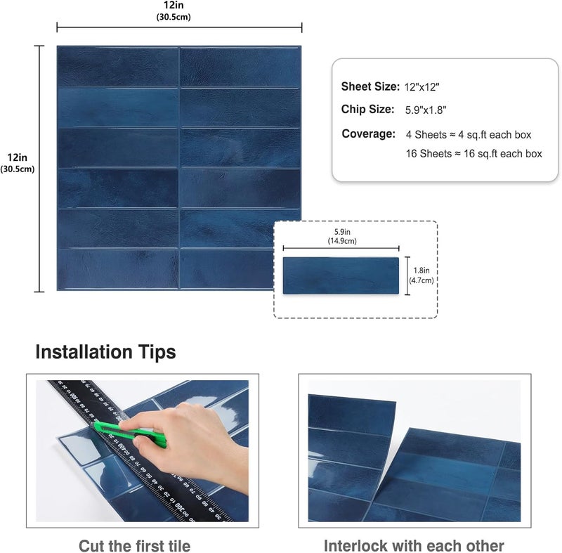CRE8TIVE 16 Sheets Straight Linear Peel and Stick Tile for Bathroom Kitchen Backsplash Tiles Peel and Stick on Blue Tile Self Adhesive Rectangular Subway Tiles for Laundry Room Shower Walls 12"x12" - Image 2