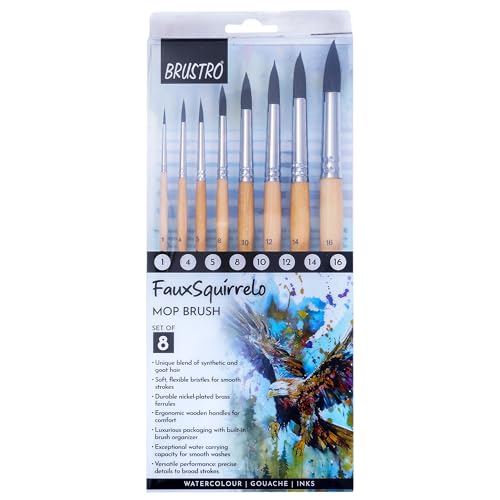 BRUSTRO Faux Squirrelo Mop Brush | Round, Set of 8 (Size- 1,4,5,8,10,12,14,16) | Synthetic and Natural Bristles, Short and Wooden Handle, Ideal for Watercolor, Gouache, Inks, Professional Artists - Image 2