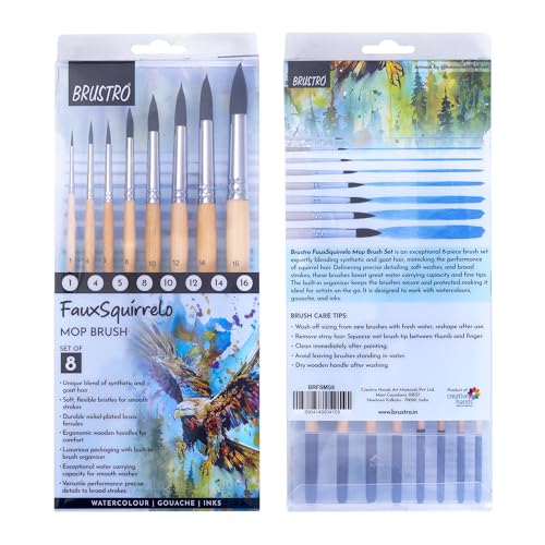 BRUSTRO Faux Squirrelo Mop Brush | Round, Set of 8 (Size- 1,4,5,8,10,12,14,16) | Synthetic and Natural Bristles, Short and Wooden Handle, Ideal for Watercolor, Gouache, Inks, Professional Artists - Image 1