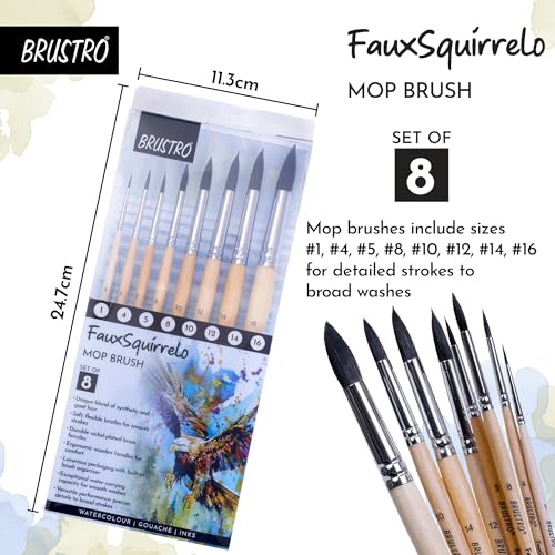 BRUSTRO Faux Squirrelo Mop Brush | Round, Set of 8 (Size- 1,4,5,8,10,12,14,16) | Synthetic and Natural Bristles, Short and Wooden Handle, Ideal for Watercolor, Gouache, Inks, Professional Artists - Image 5