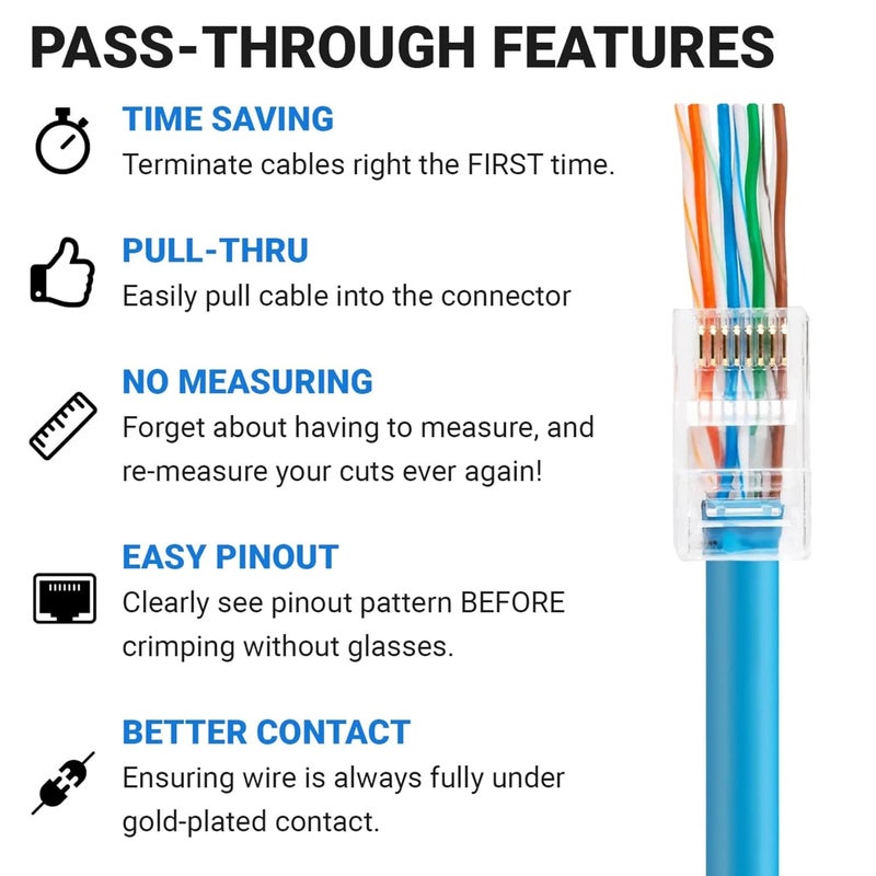 cartup higadget RJ45 Cat6 Pass-Through Connectors (100 pc), 8P8C RJ45 Ends for Cat5, Cat5e, Cat6 Ethernet Cables - UTP Network Cable Crimping Connectors for Solid Wire & Standard LAN Cable (Pack Of 100) - Image 3