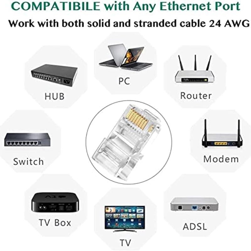cartup higadget RJ45 Cat6 Pass-Through Connectors (100 pc), 8P8C RJ45 Ends for Cat5, Cat5e, Cat6 Ethernet Cables - UTP Network Cable Crimping Connectors for Solid Wire & Standard LAN Cable (Pack Of 100) - Image 5
