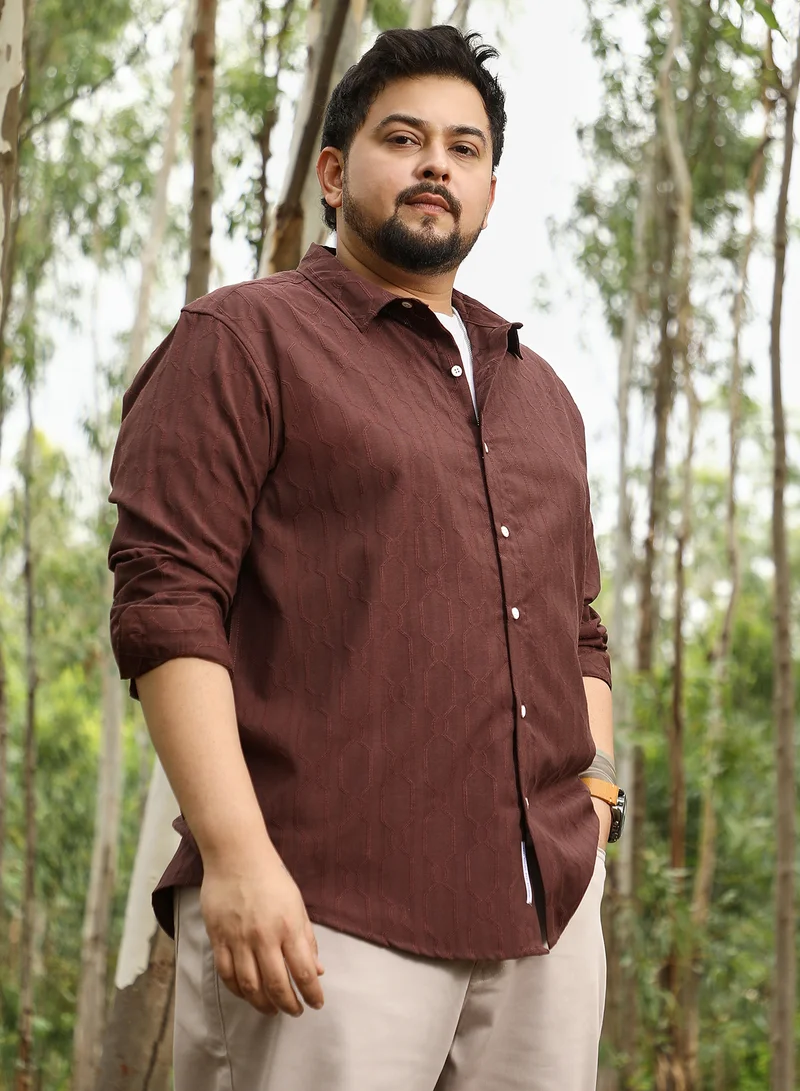 Instafab Plus  Instafab Plus Men Indie-Geometric Jacquard Shirt | Spread Collar , Long Cuffed Sleeves | Button Closure , Curved Hem | Geometric Jacquard | Woven Fabric For Party & Evening Wear | Coffee Brown for Men | Best Price UAE