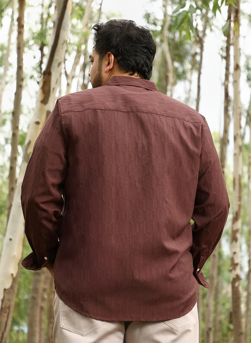 Instafab Plus  Instafab Plus Men Indie-Geometric Jacquard Shirt | Spread Collar , Long Cuffed Sleeves | Button Closure , Curved Hem | Geometric Jacquard | Woven Fabric For Party & Evening Wear | Coffee Brown for Men | Best Price UAE