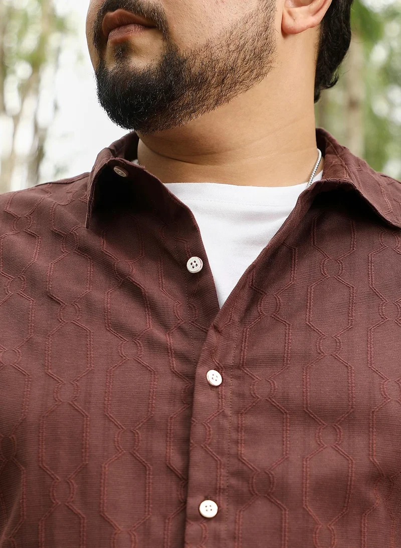 Instafab Plus  Instafab Plus Men Indie-Geometric Jacquard Shirt | Spread Collar , Long Cuffed Sleeves | Button Closure , Curved Hem | Geometric Jacquard | Woven Fabric For Party & Evening Wear | Coffee Brown for Men | Best Price UAE