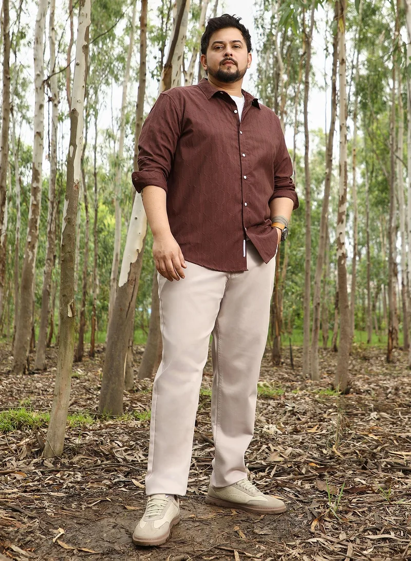Instafab Plus  Instafab Plus Men Indie-Geometric Jacquard Shirt | Spread Collar , Long Cuffed Sleeves | Button Closure , Curved Hem | Geometric Jacquard | Woven Fabric For Party & Evening Wear | Coffee Brown for Men | Best Price UAE