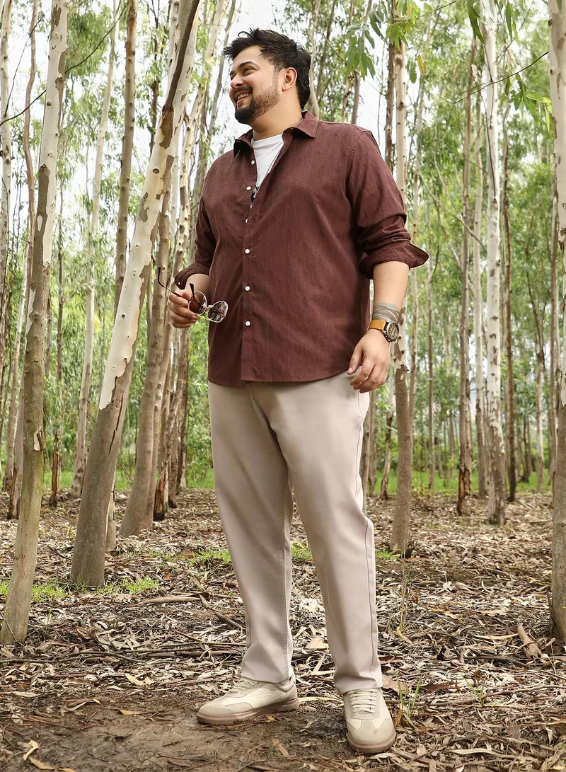 Instafab Plus  Instafab Plus Men Indie-Geometric Jacquard Shirt | Spread Collar , Long Cuffed Sleeves | Button Closure , Curved Hem | Geometric Jacquard | Woven Fabric For Party & Evening Wear | Coffee Brown for Men | Best Price UAE