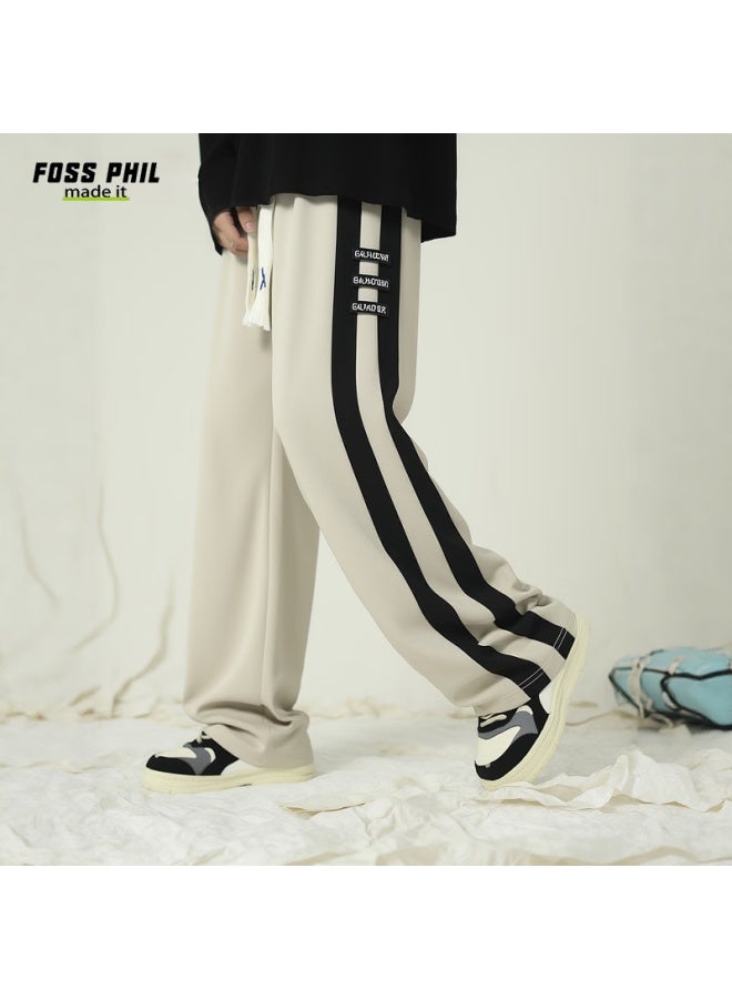 Foss Phil Striped Casual Pants Men Autumn Winter High Street Loose Draped Wide Leg Straight Trousers 706 Apricot 3XL - Image 1