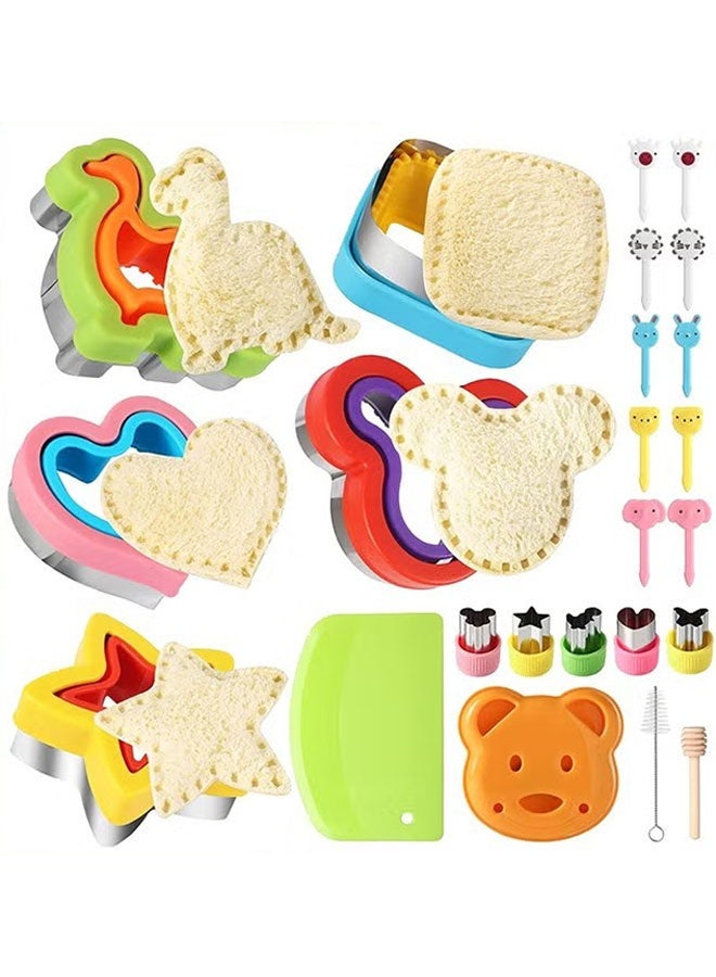 إيليلي مجموعة من 24 قطعة من قطاعات الساندويتشات وقواطع الختم، قطاعة ساندويتش الخبز، صانعة الفطائر، قالب شكل قلب مربع على شكل ديناصور، قوالب بسكويت يمكنك صنعها بنفسك، هدية للأطفال والأولاد والبنات (ألوان عشوائية) - Image 1