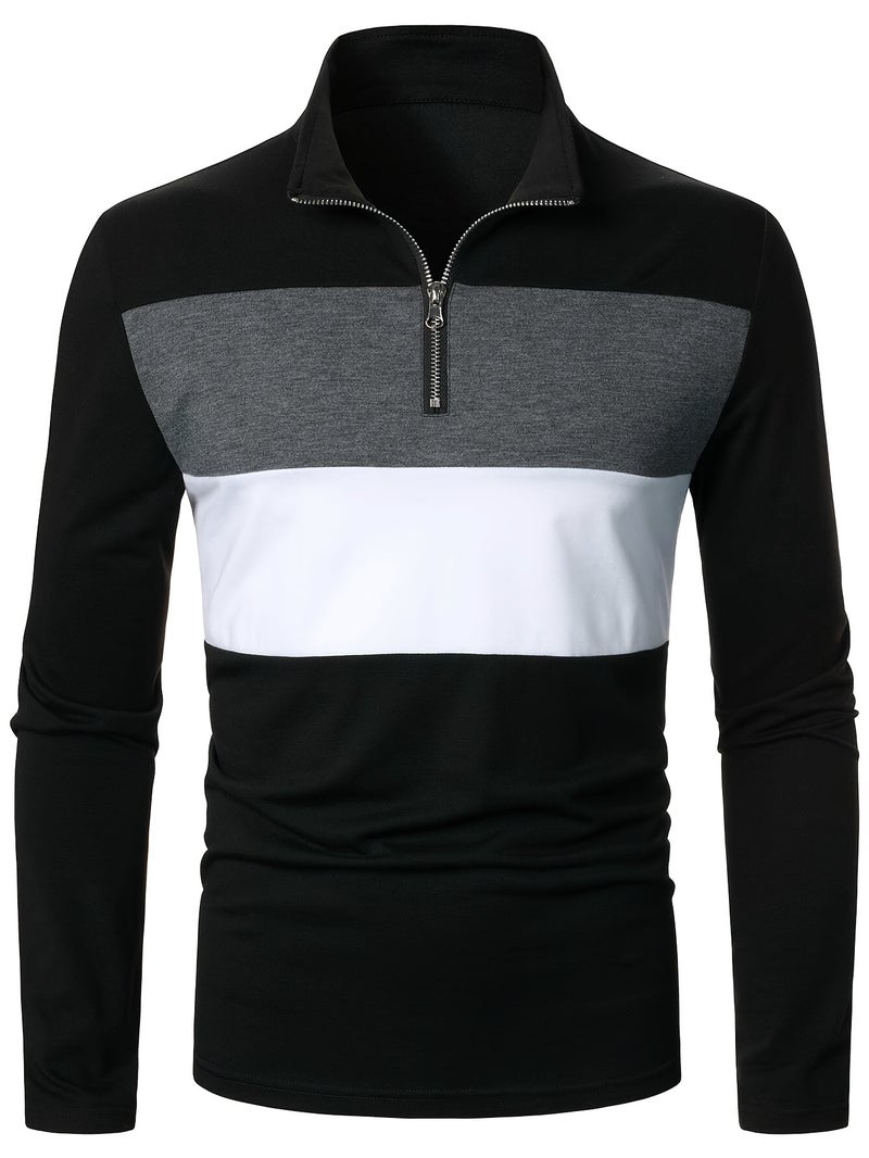 Men'S Color Block Half Zip Collared Long Sleeve T Shirt - Image 5