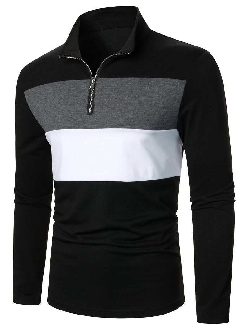 Men'S Color Block Half Zip Collared Long Sleeve T Shirt - Image 3