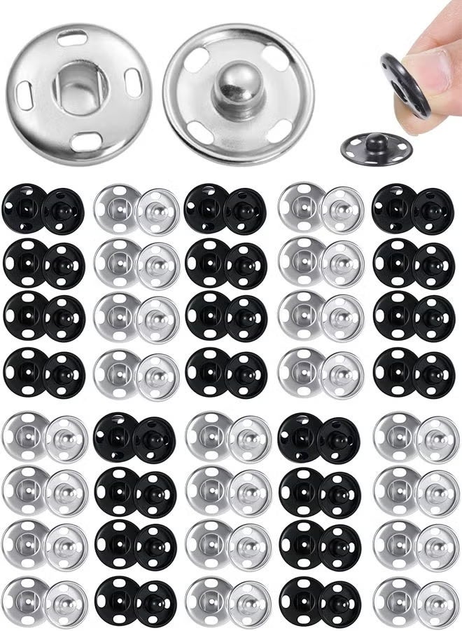 PINKSAMA Metal Sewing Snaps, 100 Sets Sew-on Snap Buttons 10 mm, Black and Silver, Metal Snaps Fasteners Press Studs Buttons for Sewing - Image 1
