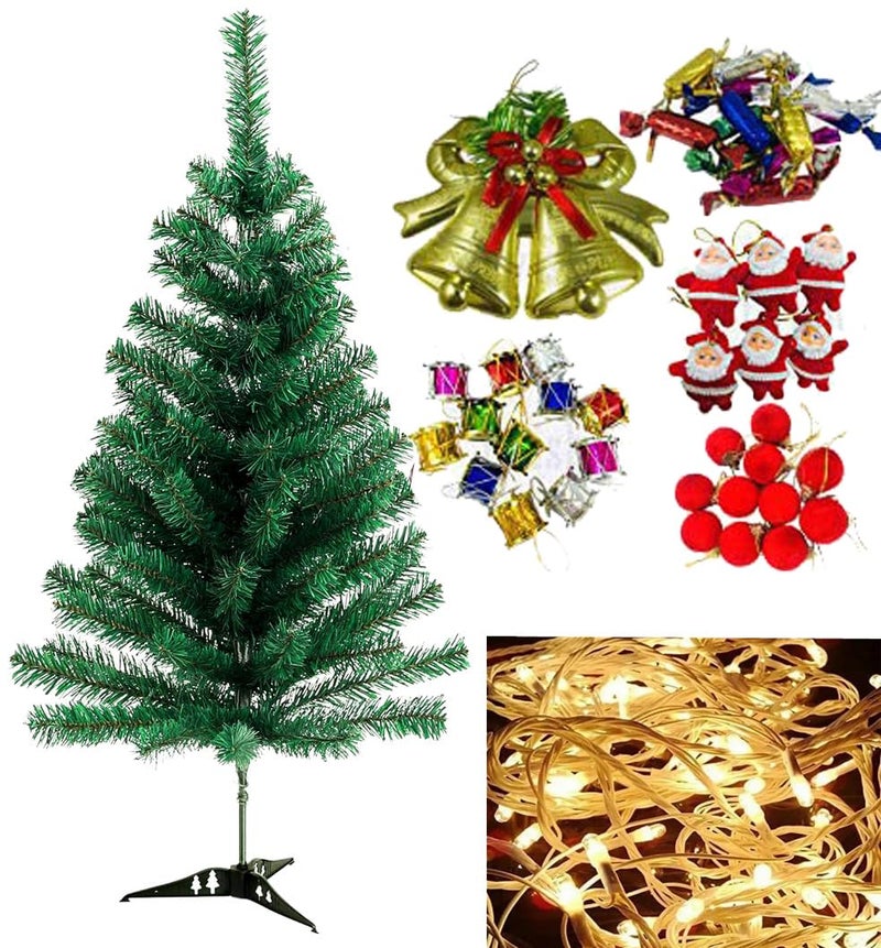 Evisha 28 Bulb Rice Light Fairy Light 3 Feet Long Artificial Christmas Tree and 43 Pcs Hanging XMass Christmas Decoration Ornaments - Image 1