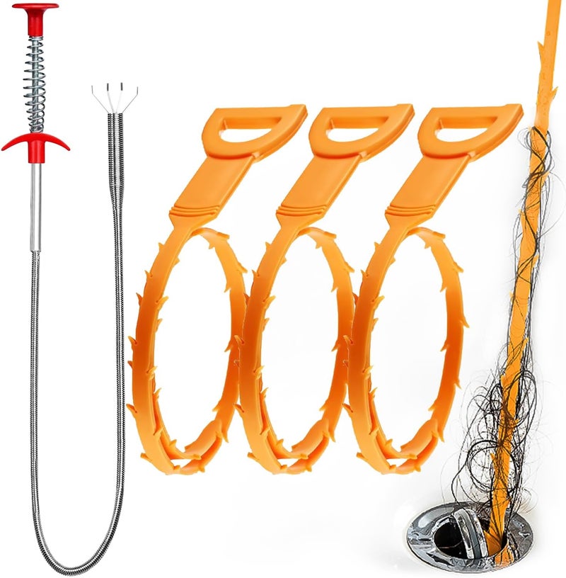 Omont Snake Drain Hair Clog Remover Tool, 34 Inch Stainless Steel Claw and 3 Pack 19. 7 Inch Plastic Sink Unclogger Tool, Sink Drain Cleaner Tool for Kitchen, Sink Bathroom, Tub Toilet Orange (3+1) - Image 1