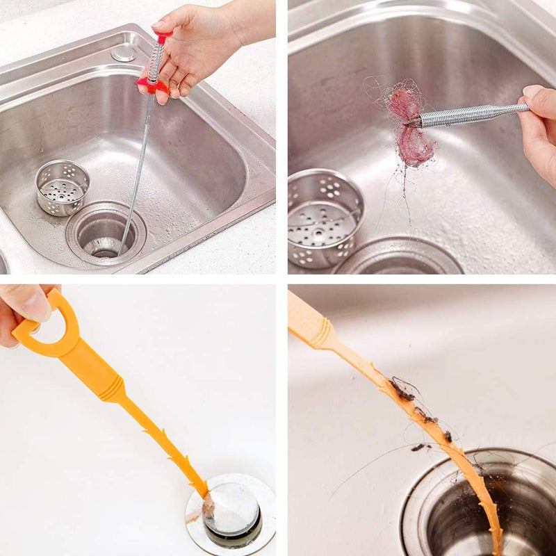 Omont Snake Drain Hair Clog Remover Tool, 34 Inch Stainless Steel Claw and 3 Pack 19. 7 Inch Plastic Sink Unclogger Tool, Sink Drain Cleaner Tool for Kitchen, Sink Bathroom, Tub Toilet Orange (3+1) - Image 2