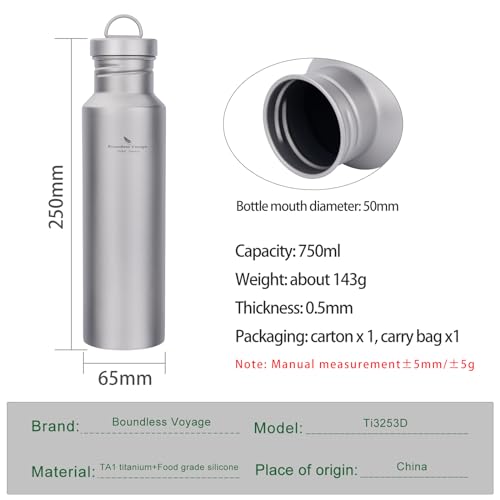 usharedo Outdoor 750ml Titanium Sports Bottle with Lid Flask Wide Mouth Water Bottle Canteen Drinking Bottle for Camping Cycling Hiking Ti3253d - Image 2