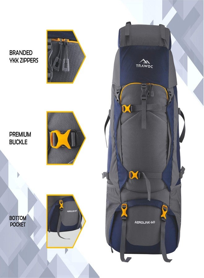 TRAWOC Aerolink 60L Trekking Backpack for Men & Women | Travel Rucksack with Laptop Sleeve, Rain-Cover, Padded Hip Belt & YKK Zippers | Camping Hiking Bag | 3 Year Warranty - Grey - Image 2