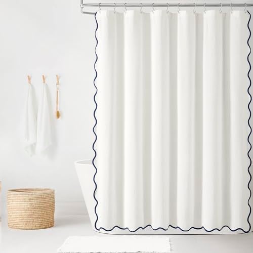 Lush Decor Coastal Chic Scallop Edge LinenTextured Shower Curtain Single 72 W x 72 L Navy White Scalloped Shower Curtains Coastal Bathroom Curtain - Image 1