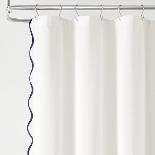 Lush Decor Coastal Chic Scallop Edge LinenTextured Shower Curtain Single 72 W x 72 L Navy White Scalloped Shower Curtains Coastal Bathroom Curtain - Image 3