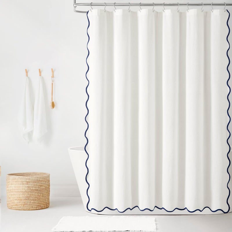 Lush Decor Coastal Chic Scallop Edge LinenTextured Shower Curtain Single 72 W x 72 L Navy White Scalloped Shower Curtains Coastal Bathroom Curtain - Image 2