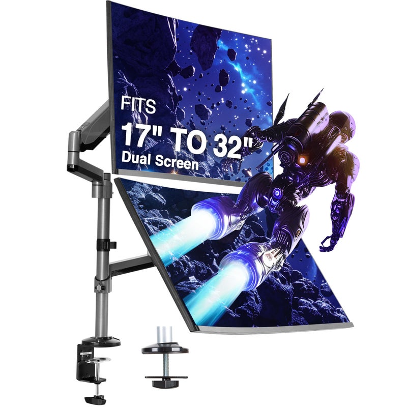 AVLT Dual 17"-32" Stacked Monitor Arm Desk Mount for 2 Flat or Curved Screens, Full Motion Height Adjustable with Swivel, Tilt, Rotation, Extra Tall, VESA, C-Clamp or Grommet Base - Image 1