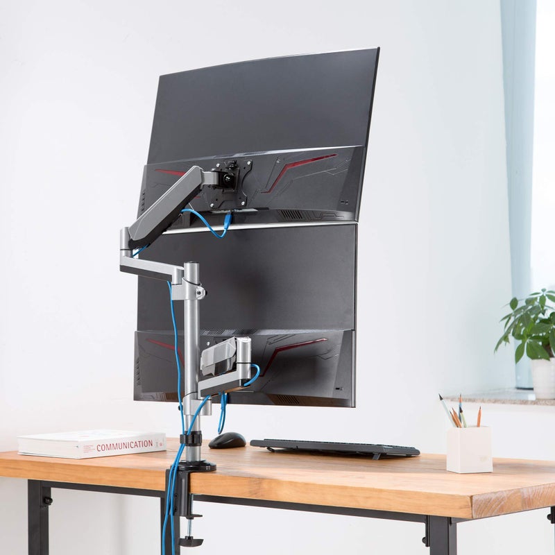 AVLT Dual 17"-32" Stacked Monitor Arm Desk Mount for 2 Flat or Curved Screens, Full Motion Height Adjustable with Swivel, Tilt, Rotation, Extra Tall, VESA, C-Clamp or Grommet Base - Image 5