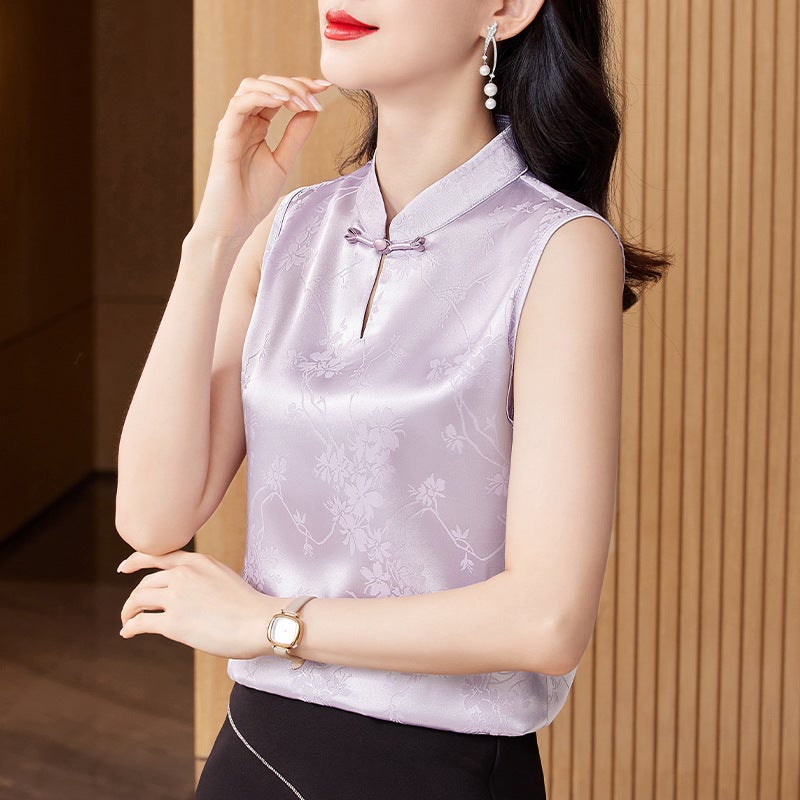 2024 Vintage Chinese Style Buckle Vest Shirt Womens Inner Jacquard Sleeveless Elegant Jacquard Top Trendy Purple - Image 1