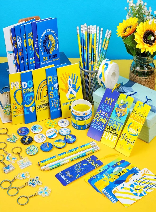 Feifeiya 24 Sets Down Syndrome Awareness Items Include Blue Yellow Ribbon Silicone Bracelets Pin Notebook Bookmarks with Ribbon Keychain for Down Syndrome Women Men Gifts - Image 2