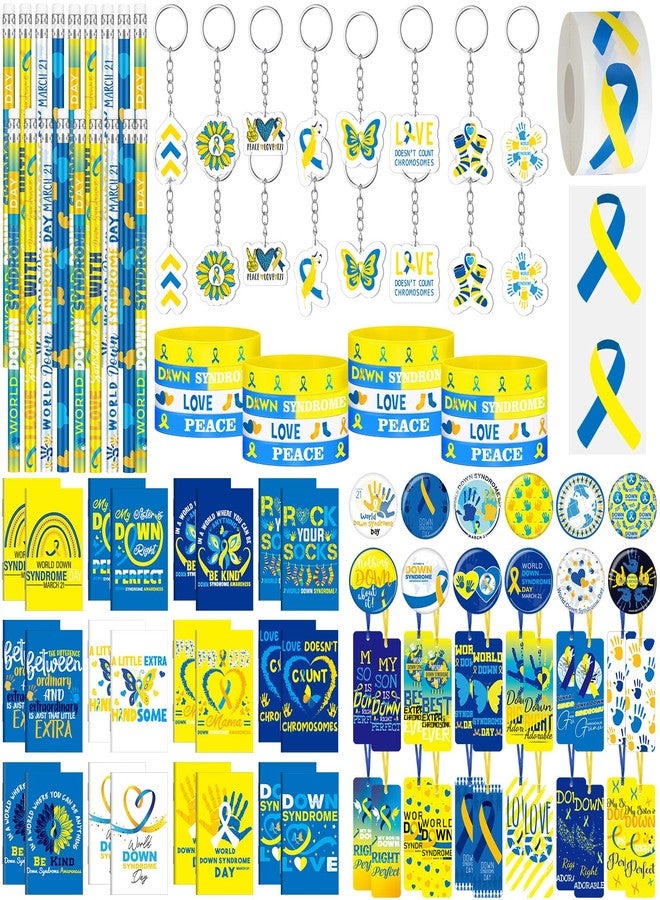 Feifeiya 24 Sets Down Syndrome Awareness Items Include Blue Yellow Ribbon Silicone Bracelets Pin Notebook Bookmarks with Ribbon Keychain for Down Syndrome Women Men Gifts - Image 1
