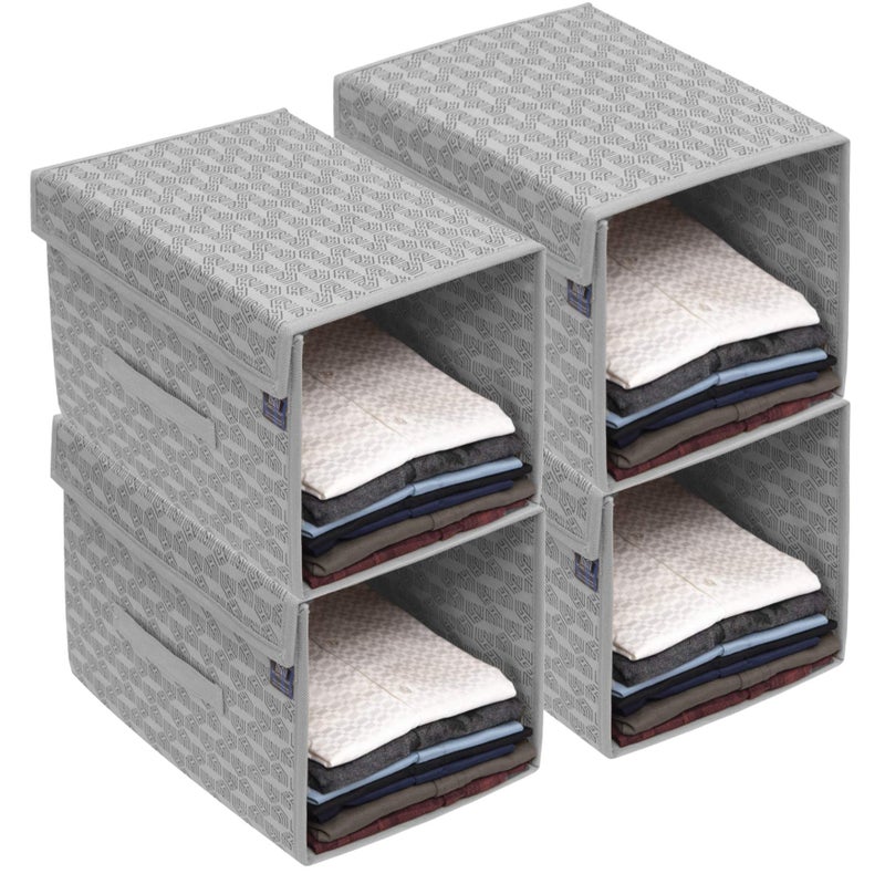 HomeStrap Printed Stackable Shirt Organizer With Cover Lid- Grey Pack Of 4(Shark Tank Product)(Non-Woven,Rectangular),34 X 44 X 19 Cm - Image 1