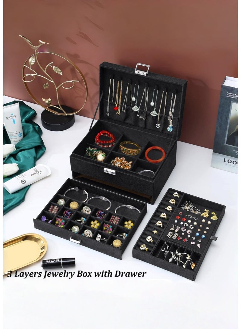 JoyousSto Jewelry Boxes for Women Green Velvet Jewelry Organizer with Lock,Teen Jewelry Organizers and Storage Earring and Necklace Holder Organizer Box Womens Jewelry Box for Necklaces Earrings Rings Bracelets,Black - Image 2