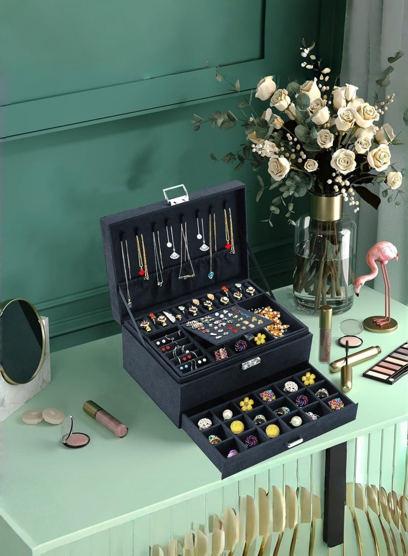 JoyousSto Jewelry Boxes for Women Green Velvet Jewelry Organizer with Lock,Teen Jewelry Organizers and Storage Earring and Necklace Holder Organizer Box Womens Jewelry Box for Necklaces Earrings Rings Bracelets,Black - Image 3
