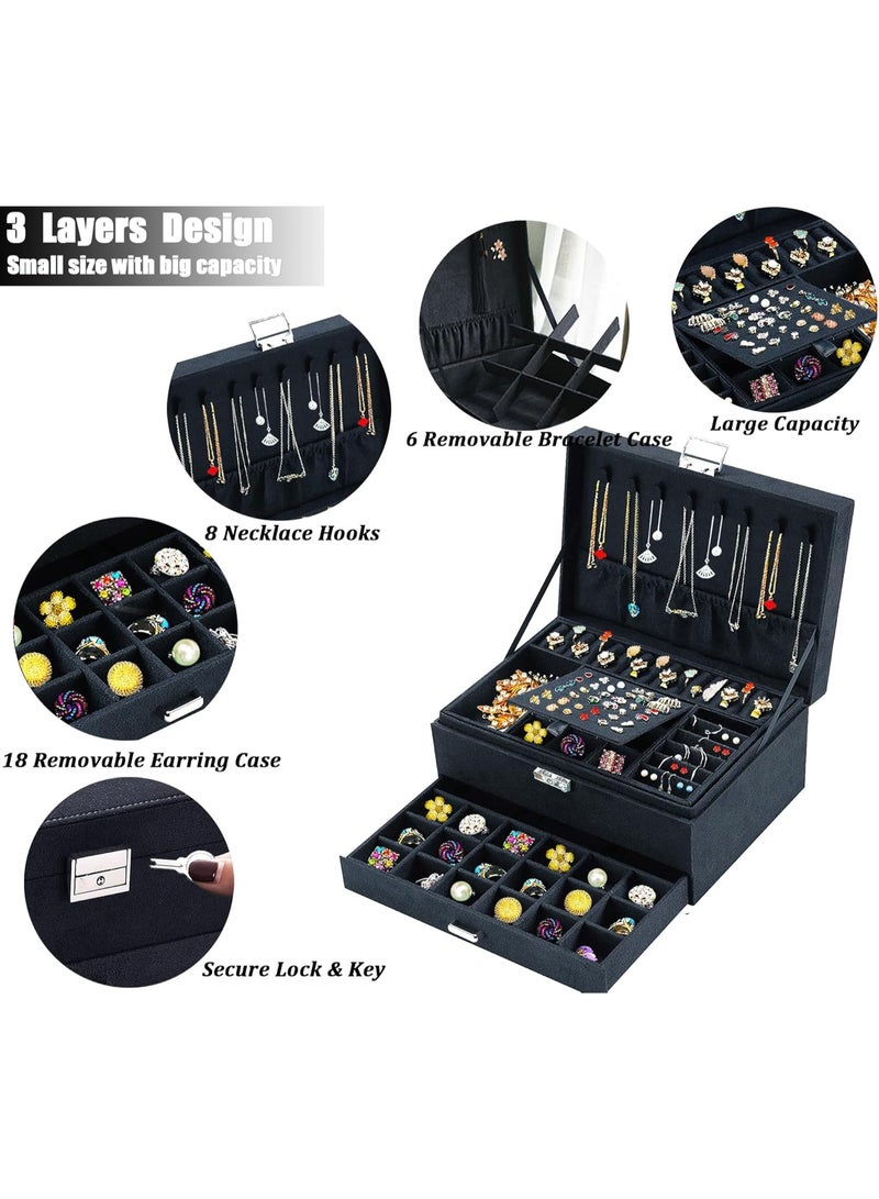JoyousSto Jewelry Boxes for Women Green Velvet Jewelry Organizer with Lock,Teen Jewelry Organizers and Storage Earring and Necklace Holder Organizer Box Womens Jewelry Box for Necklaces Earrings Rings Bracelets,Black - Image 5