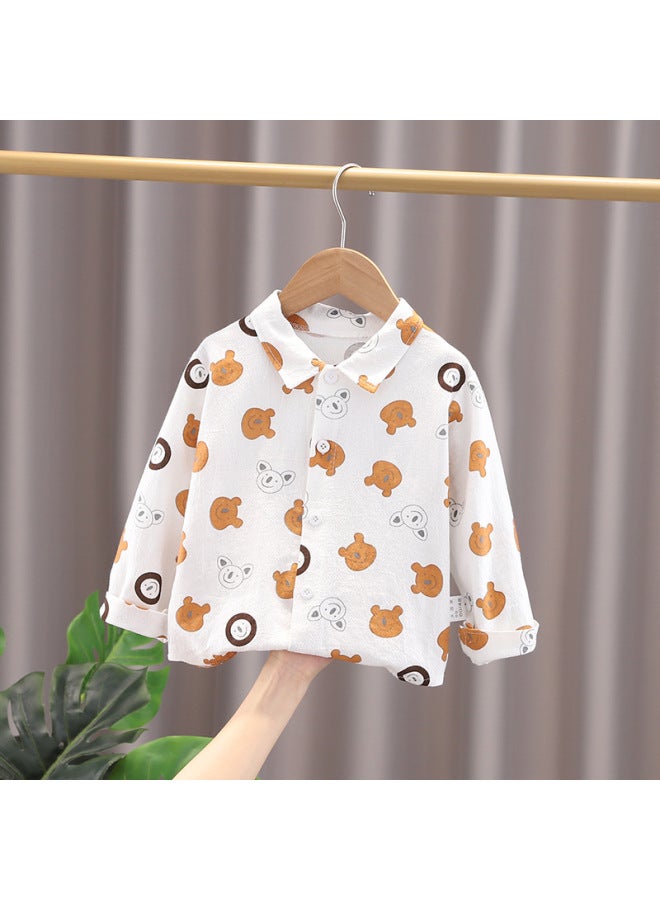 Kids Brown Bear White Print Long Sleeve Shirt, Cute Cartoon Button Down Shirt