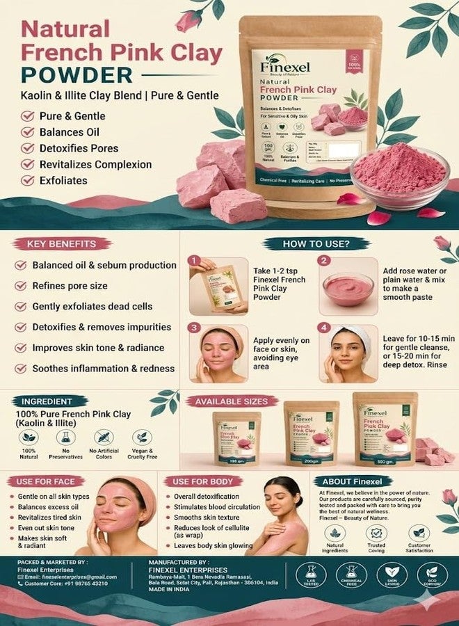 FINEXEL French Pink Clay Powder for Face & Body - Natural Illite & Kaolin Clay Blend for Deep Cleansing, Oil Control, Gentle Exfoliation & Pore Care - DIY Face Mask for All Skin Types - 100g - Image 2