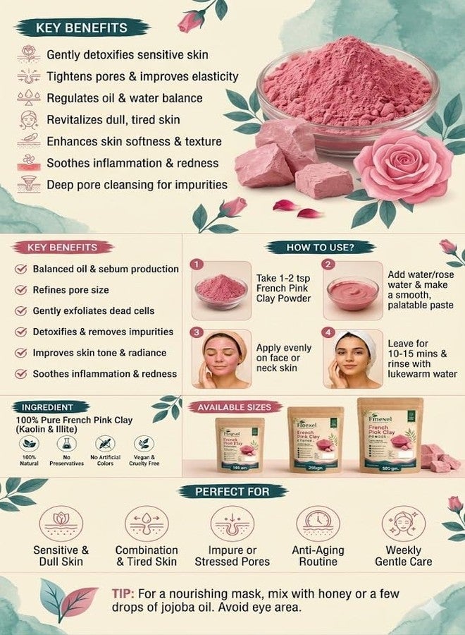 FINEXEL French Pink Clay Powder for Face & Body - Natural Illite & Kaolin Clay Blend for Deep Cleansing, Oil Control, Gentle Exfoliation & Pore Care - DIY Face Mask for All Skin Types - 100g - Image 3