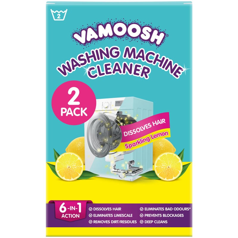 Vamoosh 6-in-1 Washing Machine Cleaner | Patented Pet Hair Dissolving Technology | Made in the UK | No Harmful Chemicals | Removes Limescale | Descales | Lemon Fresh Scent | 150g (Pack of 2) - Image 1