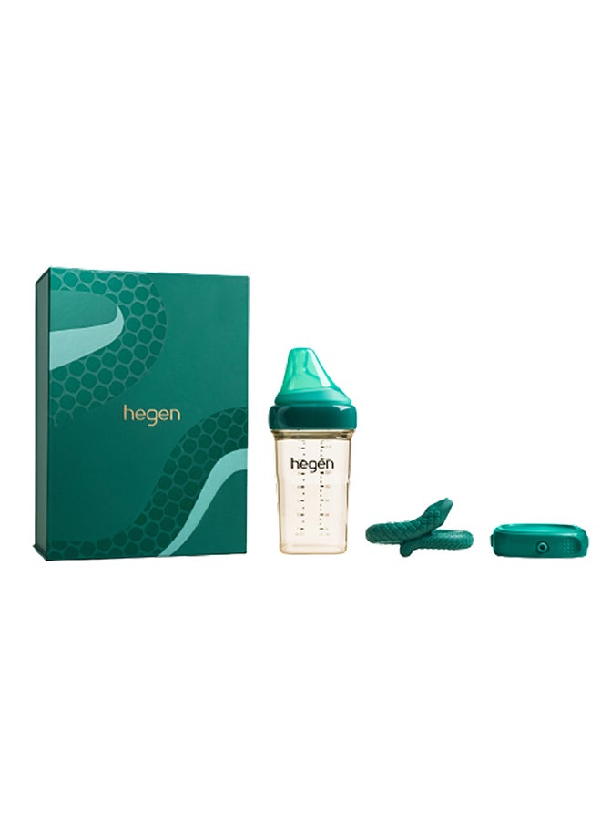 hegen Serpentine Treasures Set, Press-To-Close, Twist-To-Open - Emerald Green - Includes 240ml PPSU Feeding Bottle, Serpentine Teether, Breast Milk Storage Lid  - Image 1