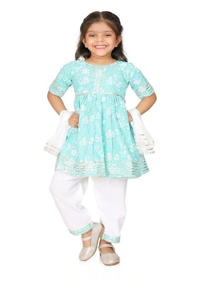 Little Dreams فستان كورتى للبنات الصغيرات مع بنطلون وشال (أخضر، 3 سنوات-4 سنوات) - Image 1