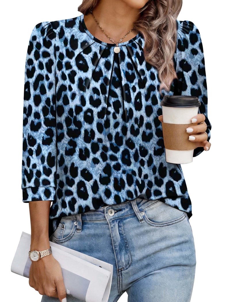 OFEEFAN Leopard Print Tops for Women Business Casual Outfits 3/4 Length Sleeve Womens Tops Animal Print Top Fashion Clothing Summer Clothes Office Blouses Tunic Blue Cheetah Top XL - Image 1