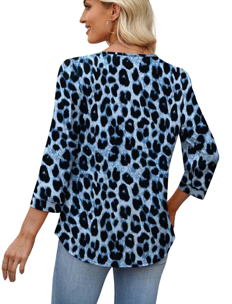 OFEEFAN Leopard Print Tops for Women Business Casual Outfits 3/4 Length Sleeve Womens Tops Animal Print Top Fashion Clothing Summer Clothes Office Blouses Tunic Blue Cheetah Top XL - Image 5