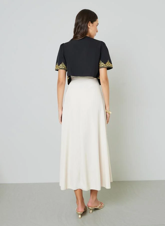 Take Two  Beige Plain Dress with Embroidered Crop Top for Women | Best Price UAE