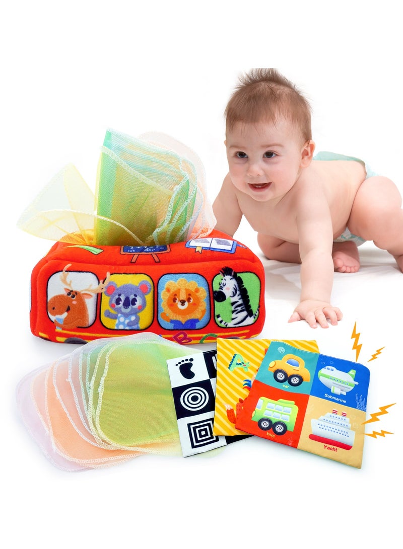 ألعاب أطفال ليناموس من عمر 0 ​​إلى 24 شهرًا، لعبة علبة مناديل مونتيسوري للأطفال من عمر سنة إلى سنتين، محشوة ناعمة، ألعاب حسية مجعدة عالية التباين، هدايا تعليمية مبكرة للأولاد والبنات وحديثي الولادة - Image 1
