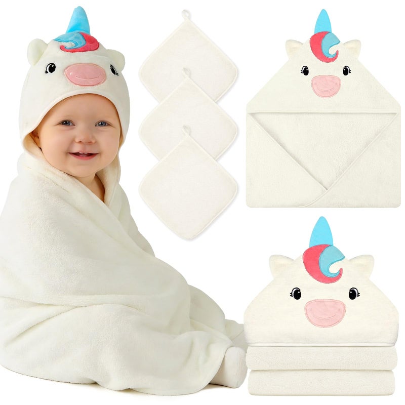 Flasoo 4 PCS Baby Towels Set, Soft Absorbent Baby Hooded Bath Towel, 1 Baby Towel and 3 Baby Washcloths for Newborns, Toddlers, and Kids, 32x32 inch Baby Towel for Boy and Girl (White Unicorn) - Image 1