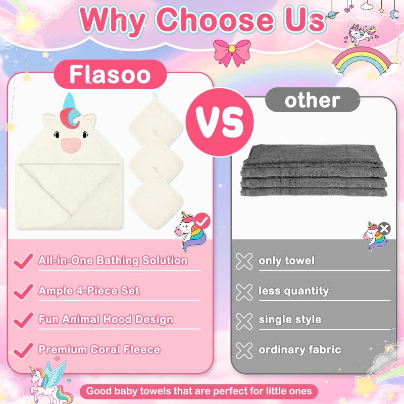 Flasoo 4 PCS Baby Towels Set, Soft Absorbent Baby Hooded Bath Towel, 1 Baby Towel and 3 Baby Washcloths for Newborns, Toddlers, and Kids, 32x32 inch Baby Towel for Boy and Girl (White Unicorn) - Image 2