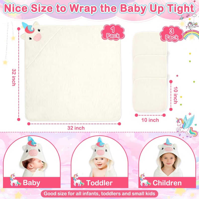 Flasoo 4 PCS Baby Towels Set, Soft Absorbent Baby Hooded Bath Towel, 1 Baby Towel and 3 Baby Washcloths for Newborns, Toddlers, and Kids, 32x32 inch Baby Towel for Boy and Girl (White Unicorn) - Image 3
